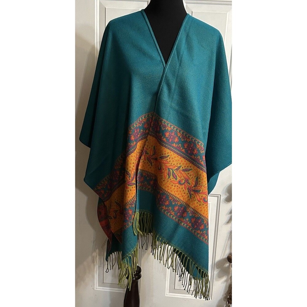 Parsley & Sage Women’s Blue Poncho Shawl Wrap Striped Reversible NWT France